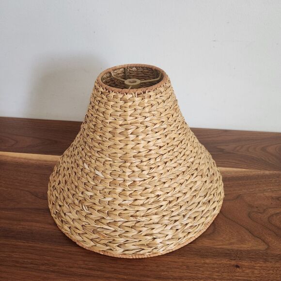 Vintage MCM Brown Woven Wicker Rattan Lamp Shade Boho 8.5" Tall13” Diameter